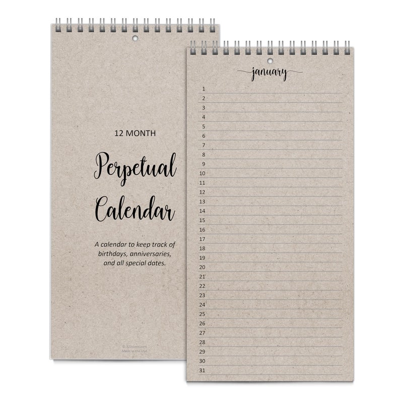 321Done Perpetual Calendar, Made in USA - 12-Month Wall Hanging Organizer, Simple Script Spiral-Bound Notepad for Important Dates, Anniversaries, Birthdays, Special Days Reminder - 5x10, Tan - Image 1