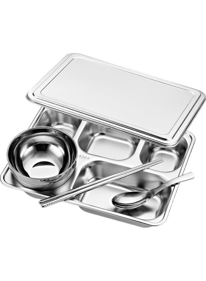 Yutai 304 Stainless Steel Food Tray Lunch Box With Cover Five Compartments Deepened Canteen Divided Fast Food Tray Bowl Spoon Chopsticks Set S5tg - Image 3