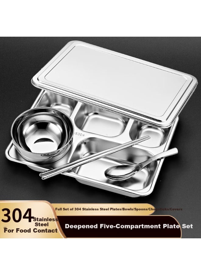 Yutai 304 Stainless Steel Food Tray Lunch Box With Cover Five Compartments Deepened Canteen Divided Fast Food Tray Bowl Spoon Chopsticks Set S5tg - Image 1