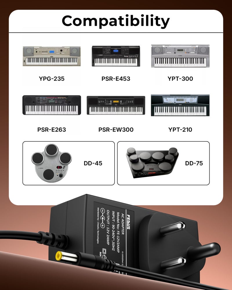 FEDUS ClearTone12V 2A AC Power Adapter for Yamaha Keyboard, 2 Meter Cord, BIS Charging Power Supply Replacement for PA-130 PA-130B PA-3C, PSR, YPT, DGX, EZ, DD Series Digital Piano Portable Keyboard - Image 4