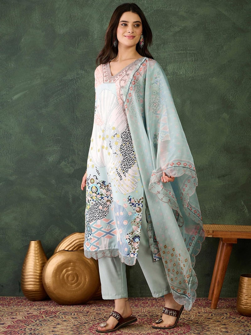 Naixa Women's Pista Organza Embroidered Straight Kurta with Rayon Pant and Organza Laced Dupatta Sets (NX-453-Pista-XXL) - Image 3