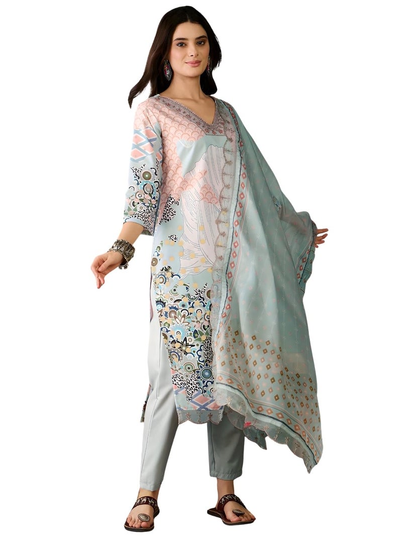 Naixa Women's Pista Organza Embroidered Straight Kurta with Rayon Pant and Organza Laced Dupatta Sets (NX-453-Pista-XXL) - Image 1