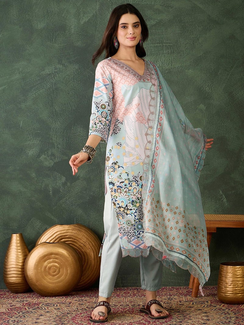 Naixa Women's Pista Organza Embroidered Straight Kurta with Rayon Pant and Organza Laced Dupatta Sets (NX-453-Pista-XXL) - Image 2