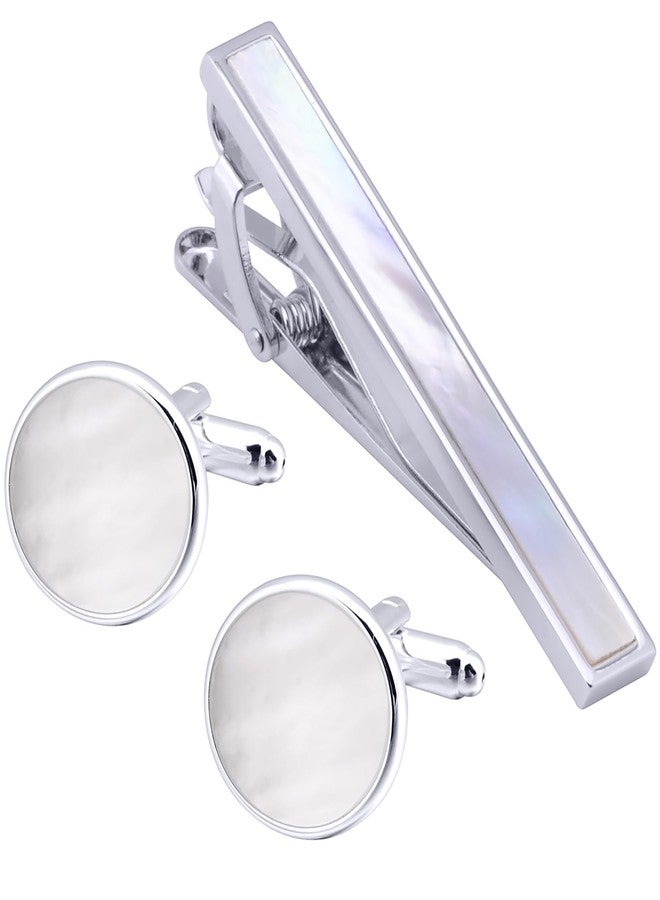 Jonwo Mother of Pearl Shell Men Cufflinks and Tie Clip Set Silver Polished Round Men Cufflinks Regular Necktie Tie Pin for Wedding Party Business Birthday Anniversary Dress - Image 1
