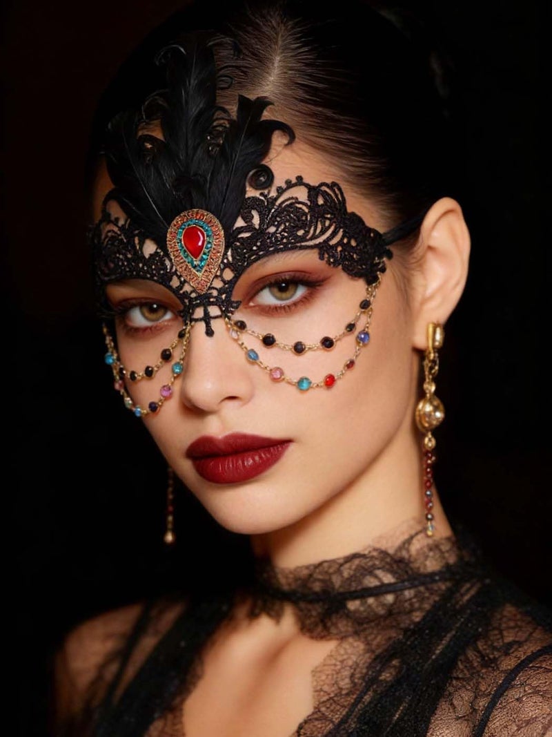 Yalice Rhinestone Masquerade Lace Masks for Women Sparkle Half Eye Mask for Costume Party (Style-D) - Image 2