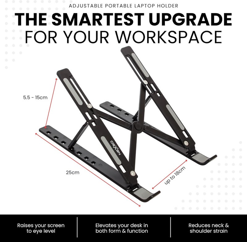 Nexso Adjustable Black Aluminium Laptop Stand for Desk | Foldable Ergonomic Riser for Laptops, Tablets, 7-Angle Portable Non-Slip Design with Cooling, Carry Case, Travel Pouch & Wide Compatibility - Image 2