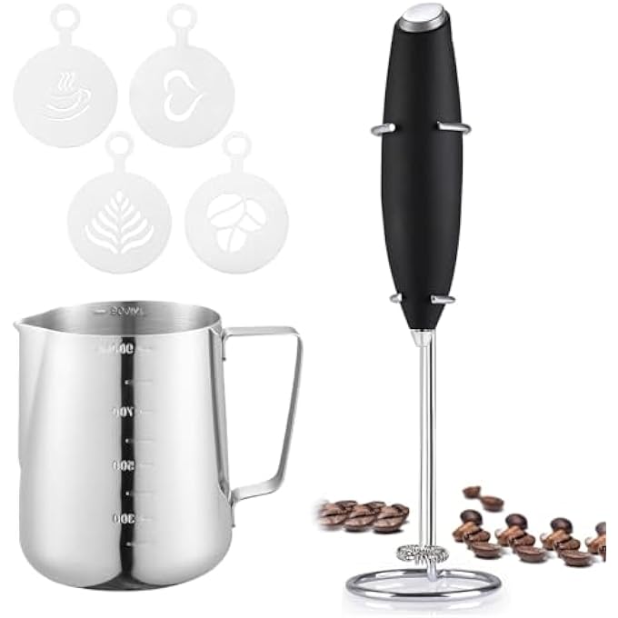 Exrp Kitchen Premium Gift Milk Frother Complete Set  Handheld Foam Maker Stencils  Frothing Pitcher Set  Whisk Drink Mixer For Coffee  Mini Blender For Cappuccino Frappe - Image 1