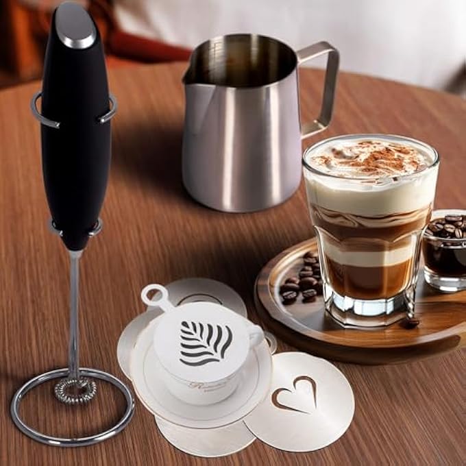 Exrp Kitchen Premium Gift Milk Frother Complete Set  Handheld Foam Maker Stencils  Frothing Pitcher Set  Whisk Drink Mixer For Coffee  Mini Blender For Cappuccino Frappe - Image 5