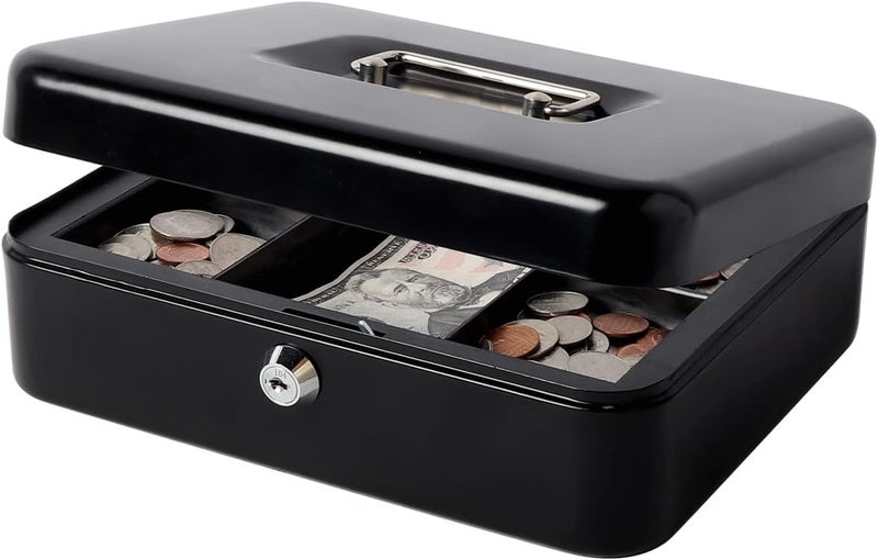 Decaller Metal Cash Box with Money Tray, Money Box with Key Lock for Security, Black, 9 4/5" x 7 4/5" x 3 1/2" - Image 1
