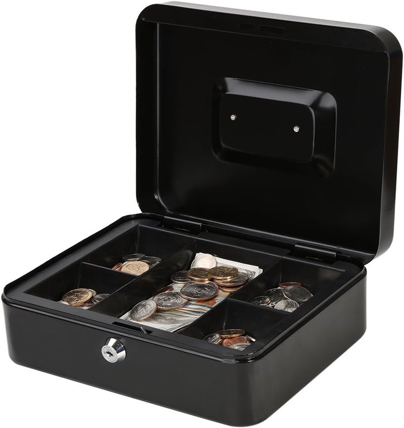 Decaller Metal Cash Box with Money Tray, Money Box with Key Lock for Security, Black, 9 4/5" x 7 4/5" x 3 1/2" - Image 2