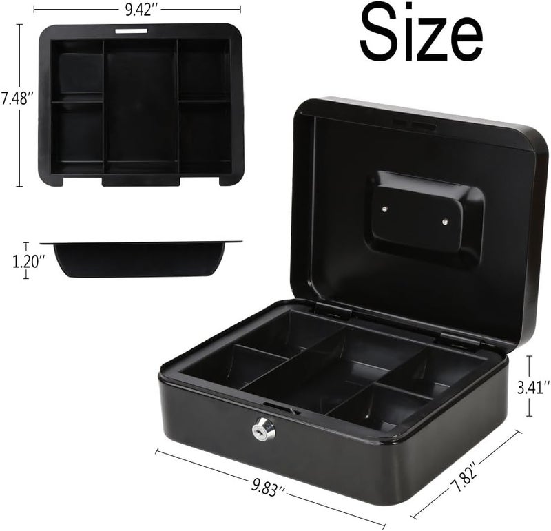 Decaller Metal Cash Box with Money Tray, Money Box with Key Lock for Security, Black, 9 4/5" x 7 4/5" x 3 1/2" - Image 3