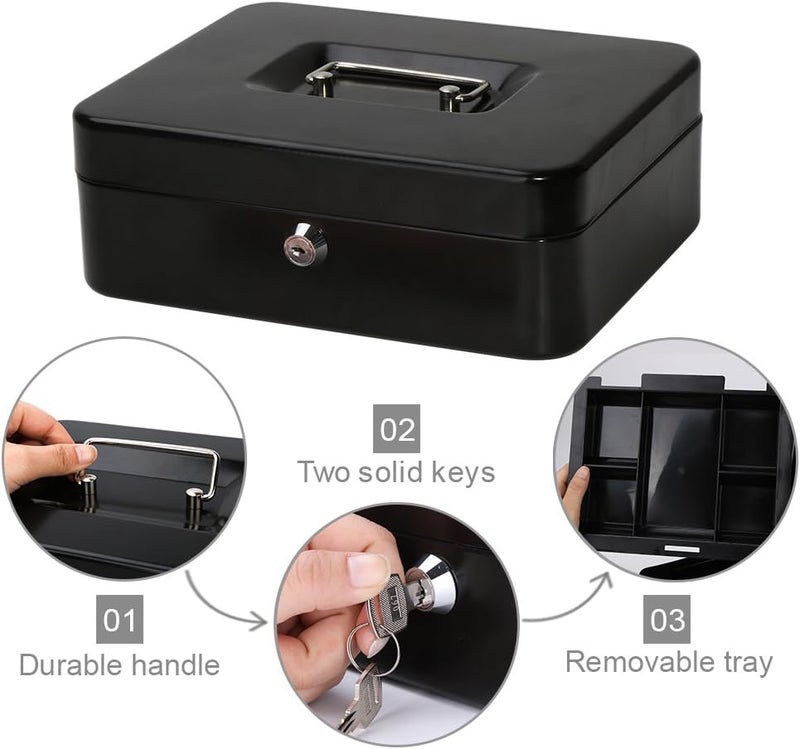 Decaller Metal Cash Box with Money Tray, Money Box with Key Lock for Security, Black, 9 4/5" x 7 4/5" x 3 1/2" - Image 4