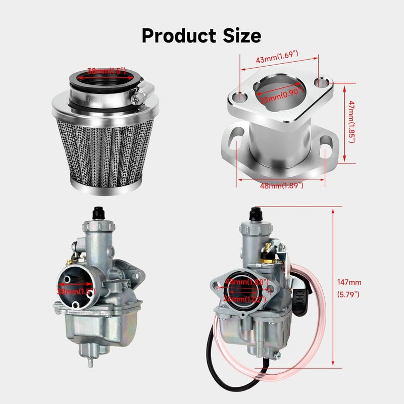 FVRITO 26mm VM22 Carburetor Carb Stage 1 Kit for Predator 212cc 196cc Coleman CT200U CT200U-EX Mini Bike KT196 Go Kart GX160 GX200 Clone Engine Performance Parts with Air Filter Intake Manifold Silver - Image 3