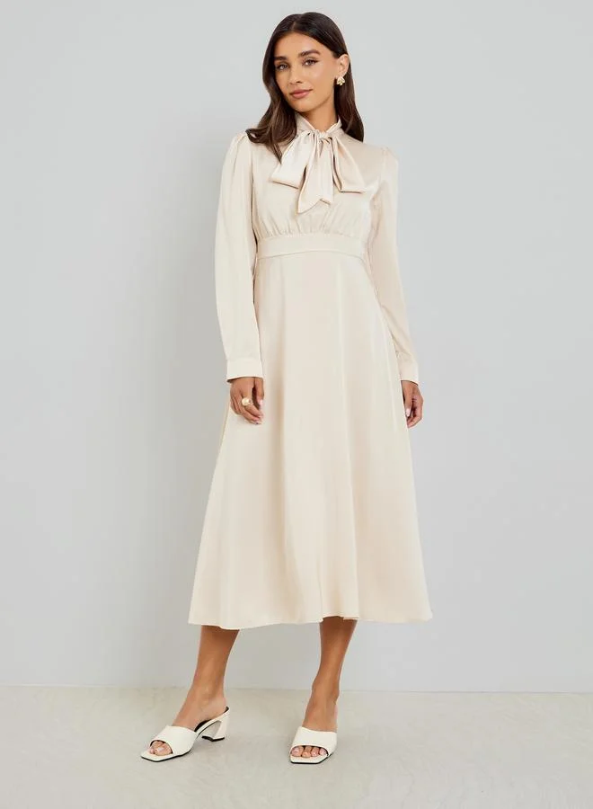 Styli Beige Satin Tie-Up Neck Midi Dress