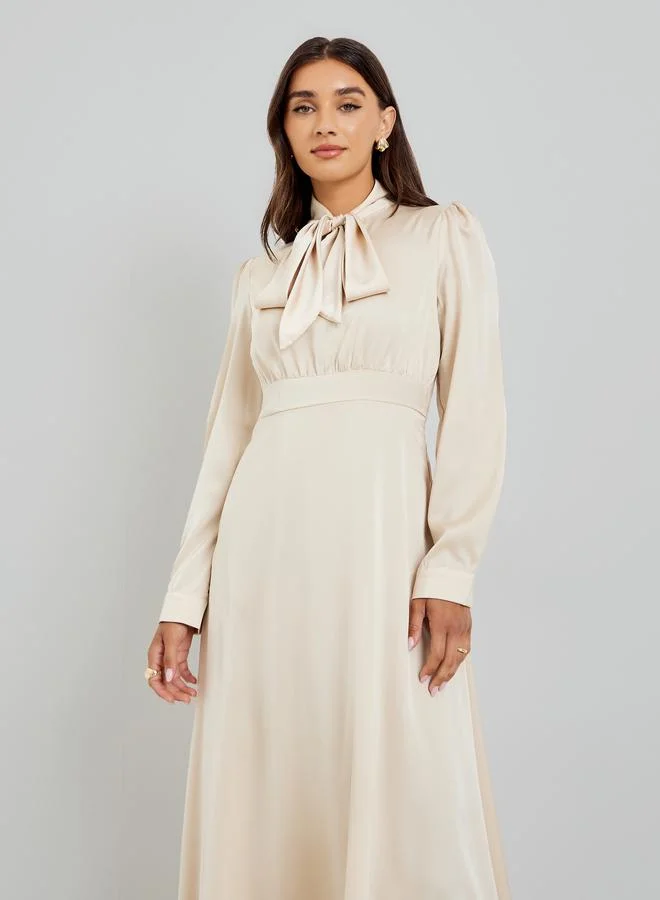 Styli Beige Satin Tie-Up Neck Midi Dress