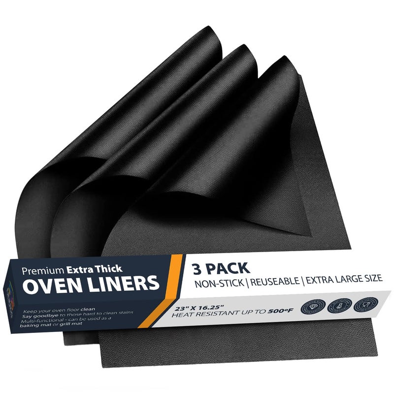 Linda's Essentials Oven Liners for Bottom of Oven - 3 Pack Large Heavy Duty Mats, 16.25â€x23â€ Non-Stick Reusable Liner for Electric, Gas, Toasters, Grills - BPA & PFOA Free Kitchen Accessory to Keep It Clean (Black) - Image 1