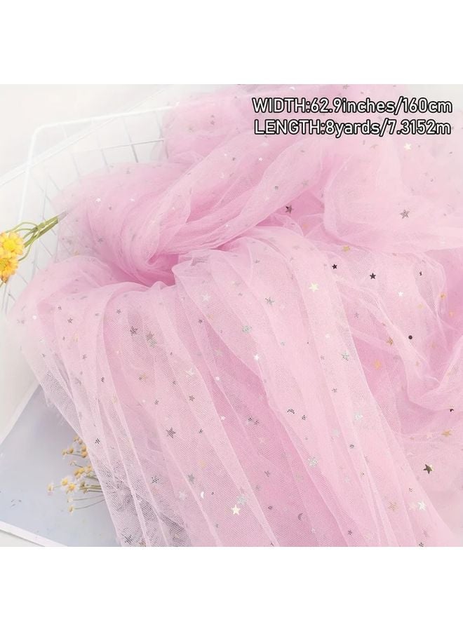 Pink Soft Sequin Tulle Fabric 63 x 8 Yards Golden Stars Moon Polyester Roll - Image 1