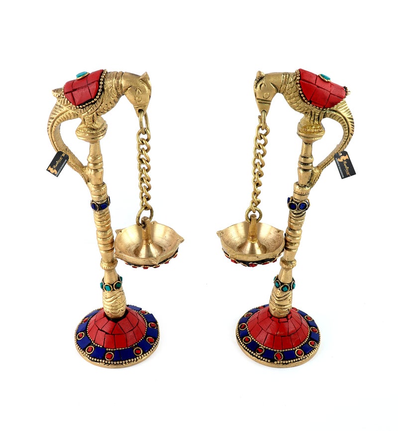 Two Moustaches Gemstone Work Parrot Design 75 Inches Brass Hanging Diya Pair Material Brass Standard Pack of 2