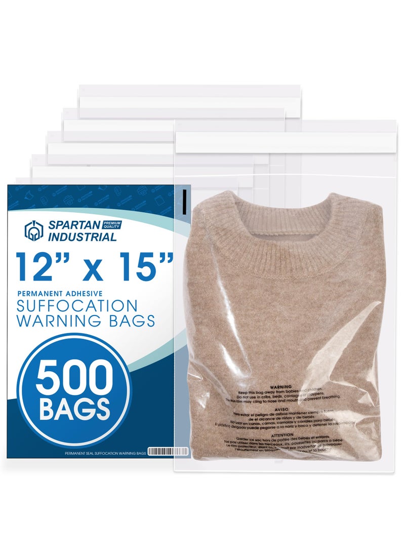 Spartan Industrial Spartan Industrial  12 X 15 500 Count Self Seal Clear Poly Bags with Suffocation Warning for Packaging Clothes  Permanent Adhesive 