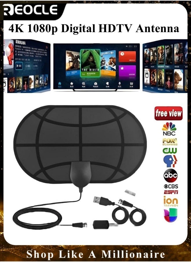 ريوكل هوائي تلفزيون داخلي للتلفزيون الذكي يدعم 4K 1080p هوائي تلفزيون عالي الدقة رقمي بمدى طويل 50 ميلاً ومعزز إشارة ذكي ومكبر مع كابل تلفزيون عالي الدقة محوري بطول 9.8 قدم ومحول تيار متردد  - Image 1