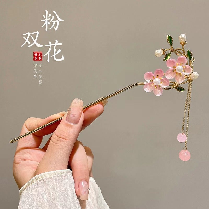 Generic Elegant Tassel Hairpin with Traditional Chinese Style Double pink flower hairpin 