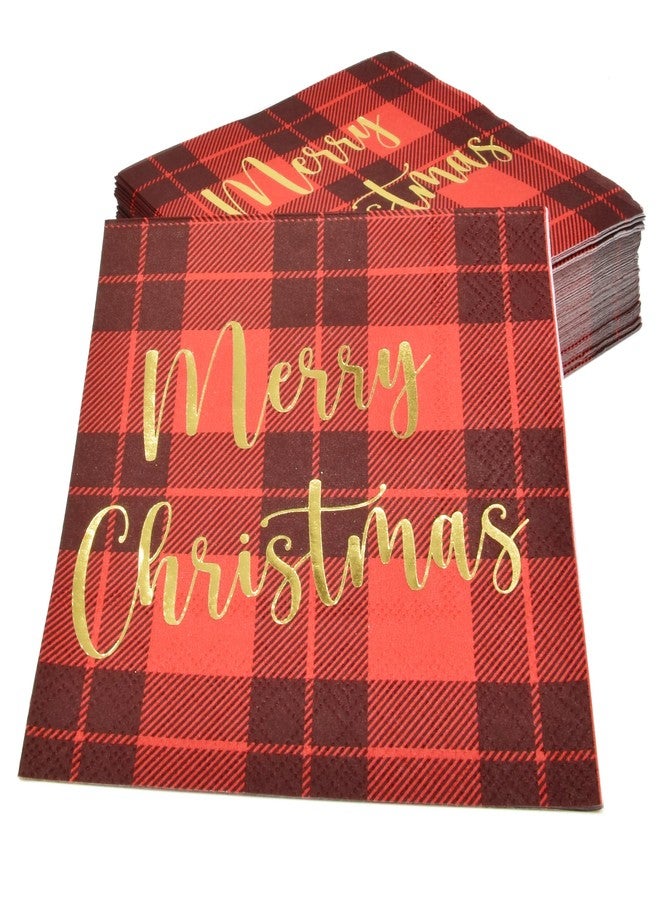 Gift Boutique - 100 Count Merry Christmas Buffalo Plaid Cocktail Beverage Napkins, Gold Foil Checked Disposable Paper, Xmas Dessert Napkins for Home Dinner Buffet, Tableware Party Supplies Decorations - Image 5