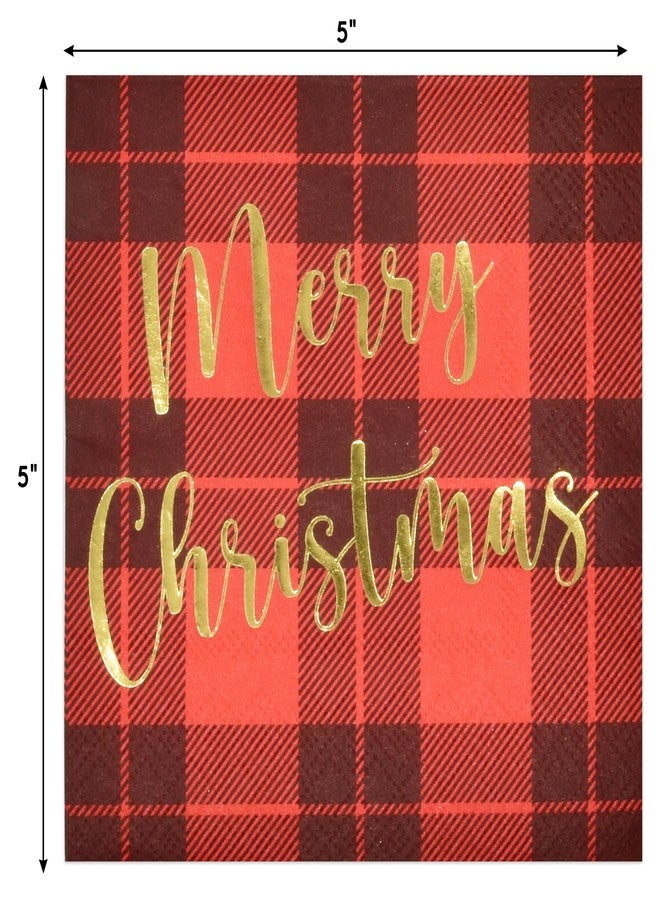 Gift Boutique - 100 Count Merry Christmas Buffalo Plaid Cocktail Beverage Napkins, Gold Foil Checked Disposable Paper, Xmas Dessert Napkins for Home Dinner Buffet, Tableware Party Supplies Decorations - Image 2