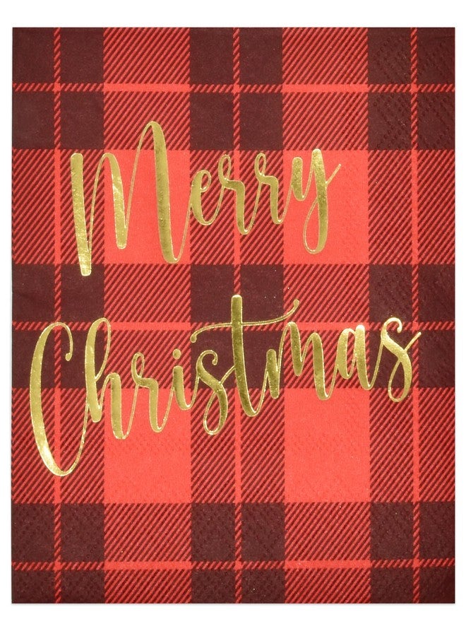 Gift Boutique - 100 Count Merry Christmas Buffalo Plaid Cocktail Beverage Napkins, Gold Foil Checked Disposable Paper, Xmas Dessert Napkins for Home Dinner Buffet, Tableware Party Supplies Decorations - Image 1