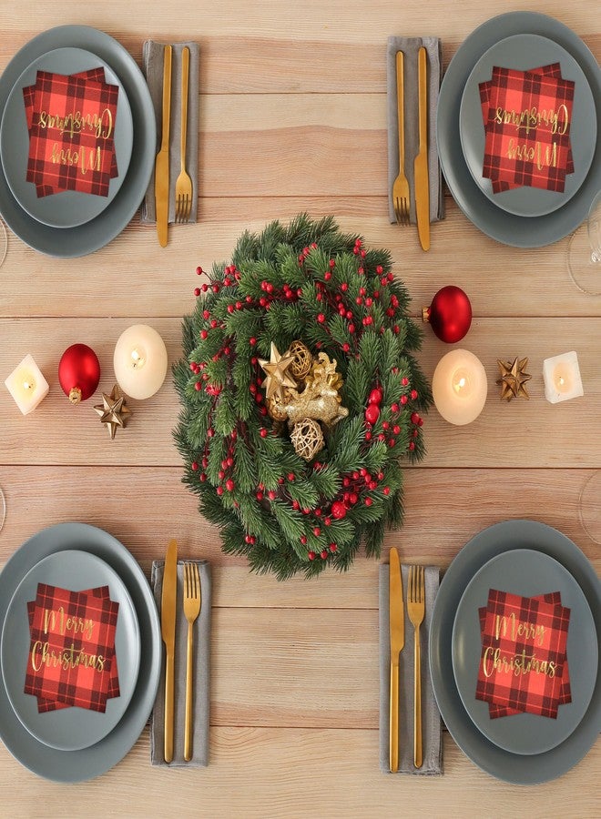 Gift Boutique - 100 Count Merry Christmas Buffalo Plaid Cocktail Beverage Napkins, Gold Foil Checked Disposable Paper, Xmas Dessert Napkins for Home Dinner Buffet, Tableware Party Supplies Decorations - Image 4