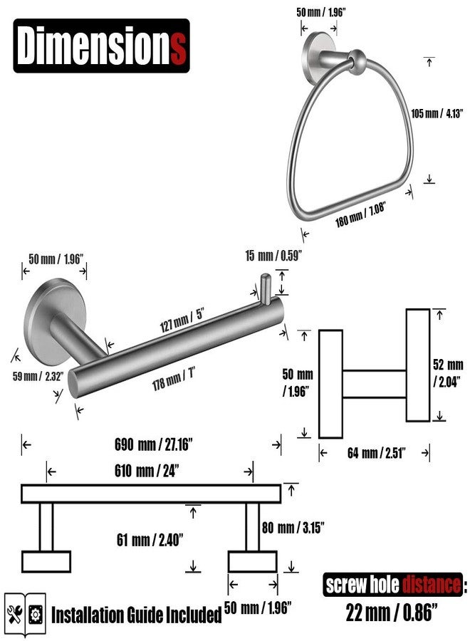 JQK Bathroom Hardware Set Gold, 5-Piece Bath Accessories Set Brushed Gold Wall Mount includes 24 in Towel Bar, 7 in Towel Ring, Toilet Paper Holder, 2 Towel Hooks, BAS165-BG - Image 2
