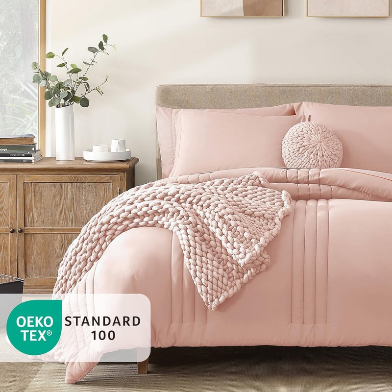 Monbix Queen Comforter Set - 7 Pieces Light Pink Bed in a Bag Queen Bedding Sets with Comforters, All Seasons Down Alternative Comforter Bed Set with Sheets, Pillowcases & Shams - Image 2