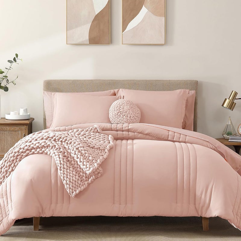 Monbix Queen Comforter Set - 7 Pieces Light Pink Bed in a Bag Queen Bedding Sets with Comforters, All Seasons Down Alternative Comforter Bed Set with Sheets, Pillowcases & Shams - Image 1