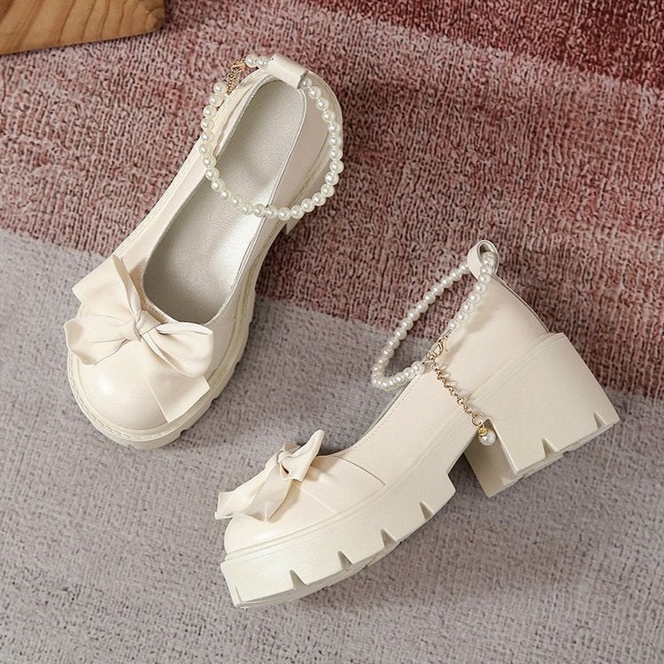 French Style Mary Jane Shoes Womens 2023 Spring and Summer New Pearl Bow Girl British Style Chunky Heel Fairy Leather Shoes Beige White
