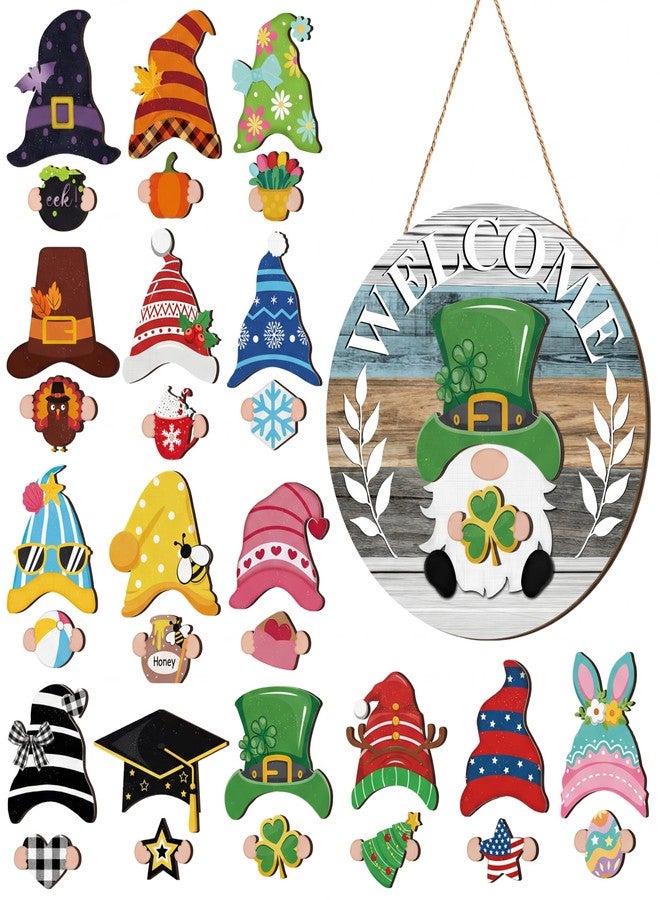 Qunclay Interchangeable Wooden Gnome Decor Holiday Seasonal Gnome Decorations with Magnet Pieces and Detachable Hats Gnome Changeable Welcome Sign for Home (Cute Style) - Image 1