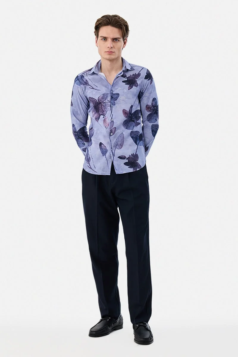سنيتش Lavender Floral Long Sleeve Slim Fit Shirt