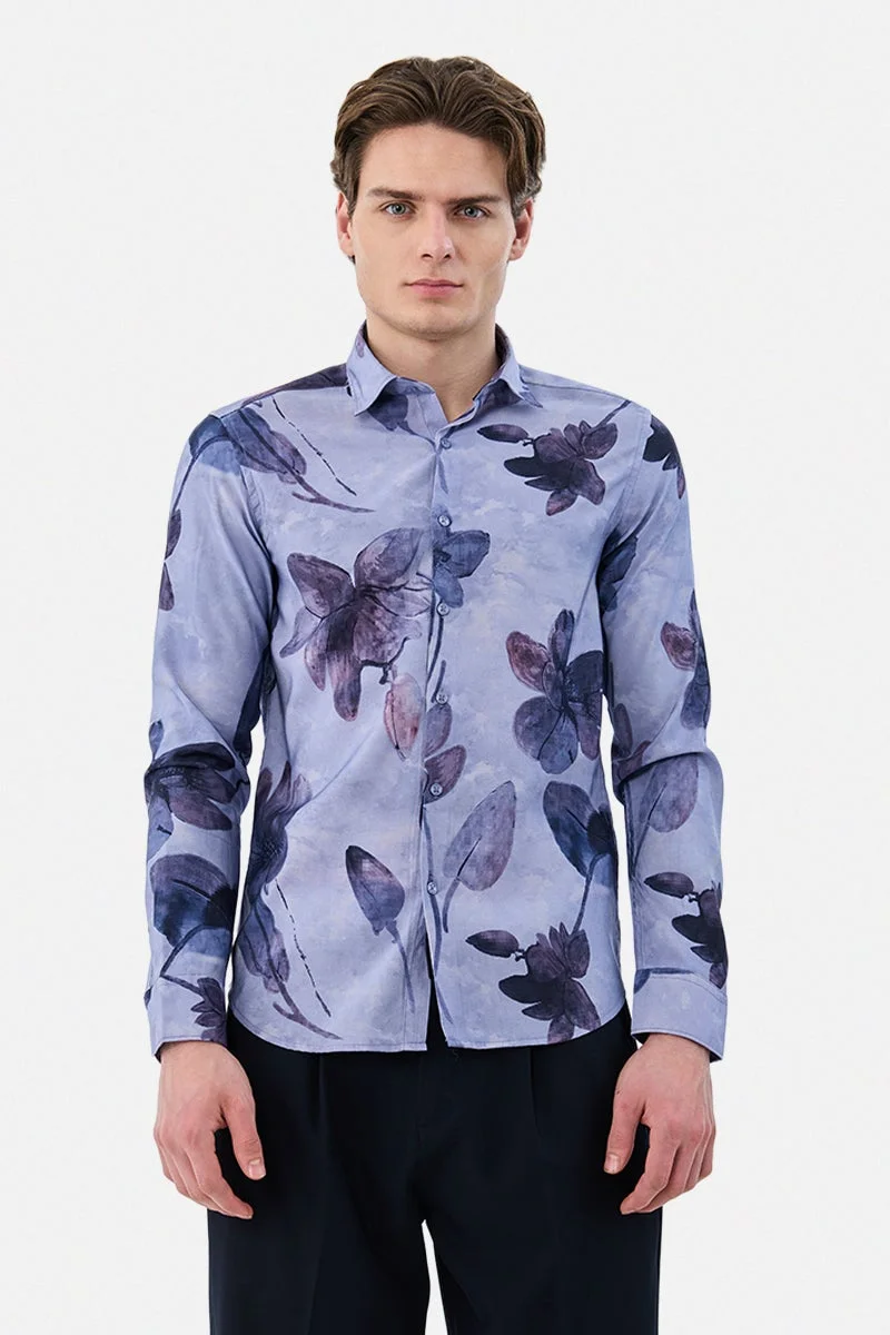 سنيتش Lavender Floral Long Sleeve Slim Fit Shirt