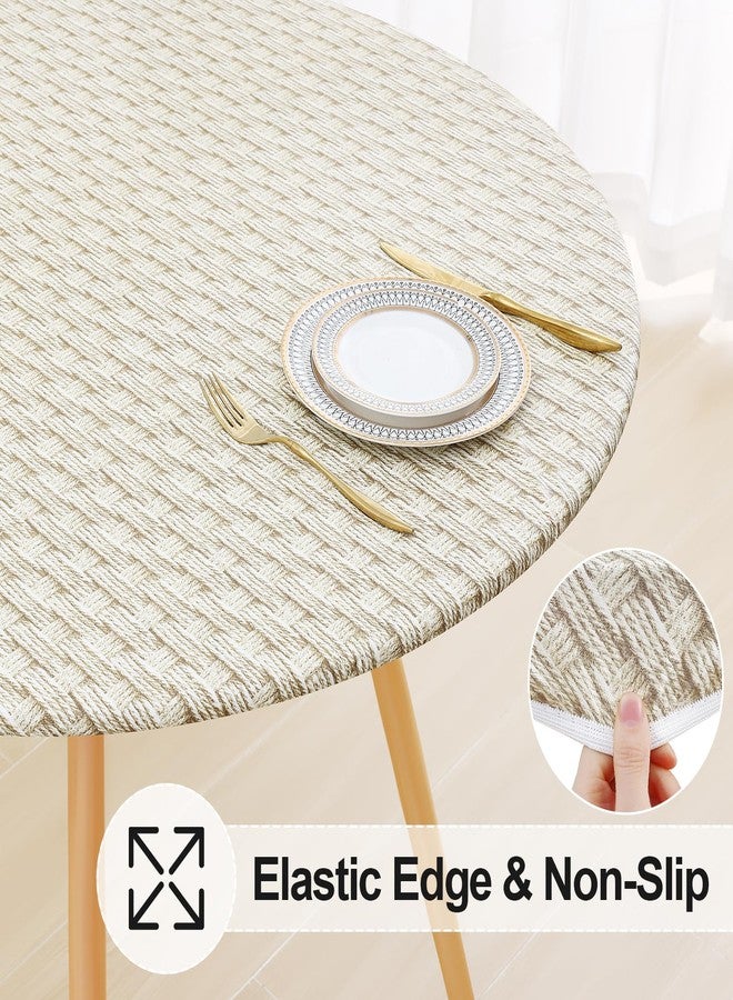 misaya Round Fitted Tablecloth with Elastic Edge, 100% Waterproof Oil Proof Plastic Table Cover, Vinyl Flannel Backed Tablecloth Fits 36"-44" Round Tables for Dinner, Outdoor, Picnic, Weave - Image 2