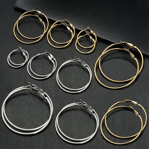 Cuicanstar 10 Pairs Stainless Steel Gold Plated Hoops Silver Plated Hoop Earrings for Women, Hypoallergenic Dainty Big Hoop Earrings Lightweight Large small hoop Loop Earrings Set - Image 3