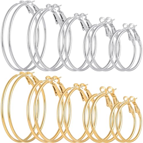Cuicanstar 10 Pairs Stainless Steel Gold Plated Hoops Silver Plated Hoop Earrings for Women, Hypoallergenic Dainty Big Hoop Earrings Lightweight Large small hoop Loop Earrings Set - Image 1