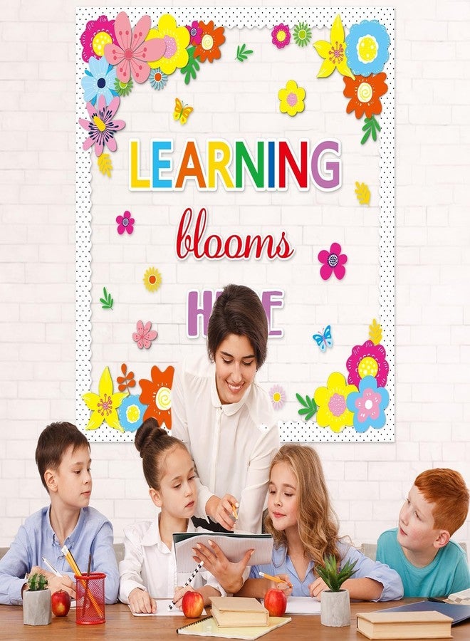 Justforjoyful لوحة إعلانات ربيعية مزينة بالزهور من Justforjoyful، ديكورات صفية، قصاصات "التعلم يزهر هنا"، لوحة إعلانات ربيعية إيجابية مزينة بالزهور للعودة إلى المدرسة، المكتب، المنزل، غرفة الأطفال، سبورة، باب، جدار، ديكور - Image 4