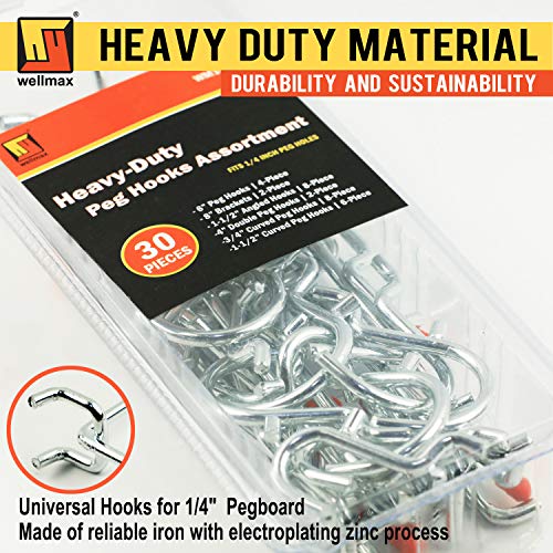 Wellmax Heavy Duty Pegboard Hooks Set – 30-Piece Peg Board Organizer Accessories for Garage, Workshop & Craft Room | Fits 1/4-Inch Peg Holes – Pegboard Accessories for Tools & Garage Organization - Image 2
