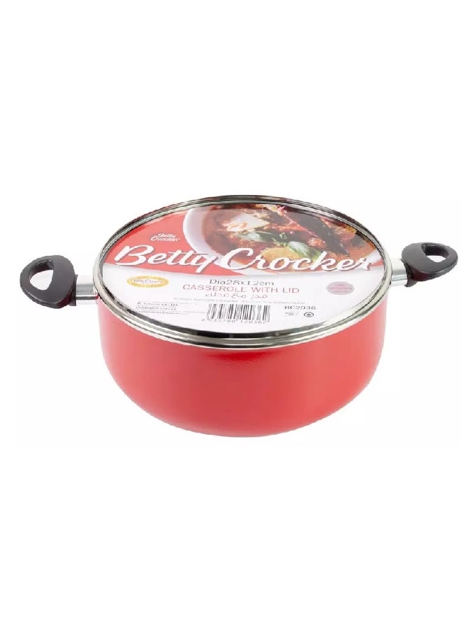 Betty Crocker Non-Stick Coated Round Aluminium Casserole with Glass Lid Red and Black 28 x 12 cm BC2036 - Image 2