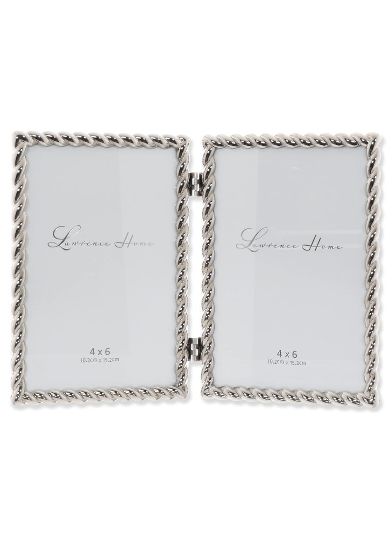 Lawrence Frames 4x6 Hinged Double Cast Metal Picture Frames  Silver Rope Design  - Image 1