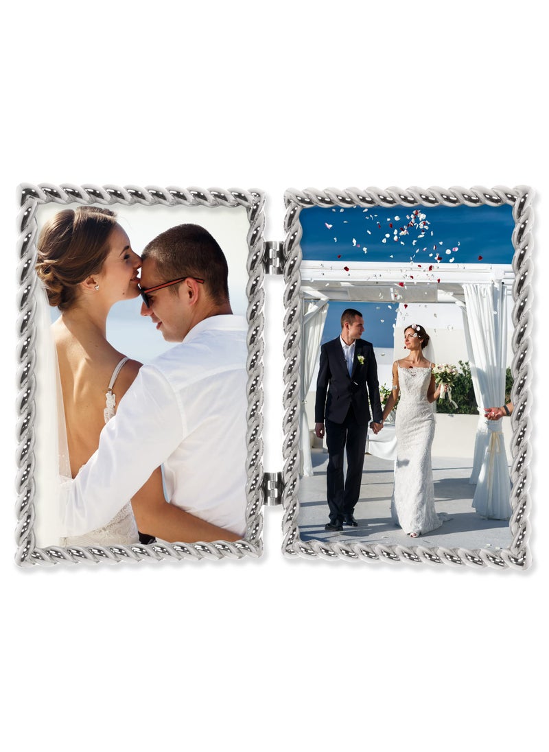 Lawrence Frames 4x6 Hinged Double Cast Metal Picture Frames  Silver Rope Design  - Image 2