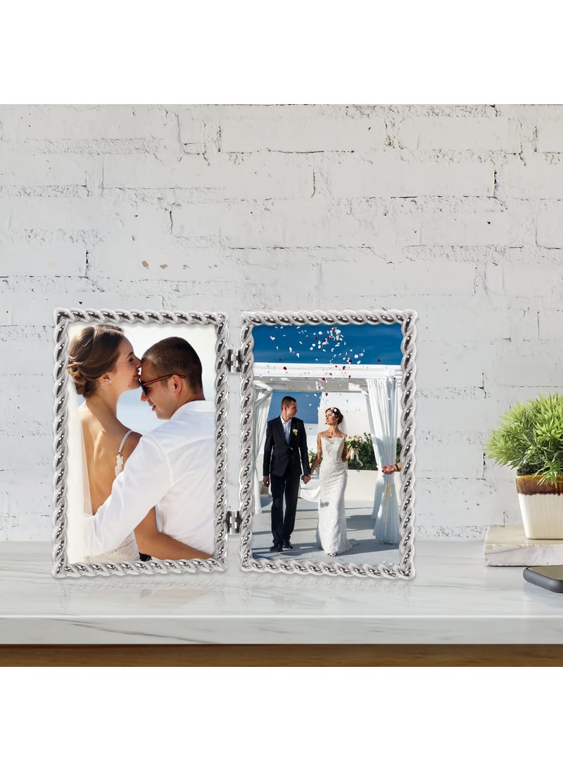 Lawrence Frames 4x6 Hinged Double Cast Metal Picture Frames  Silver Rope Design  - Image 3