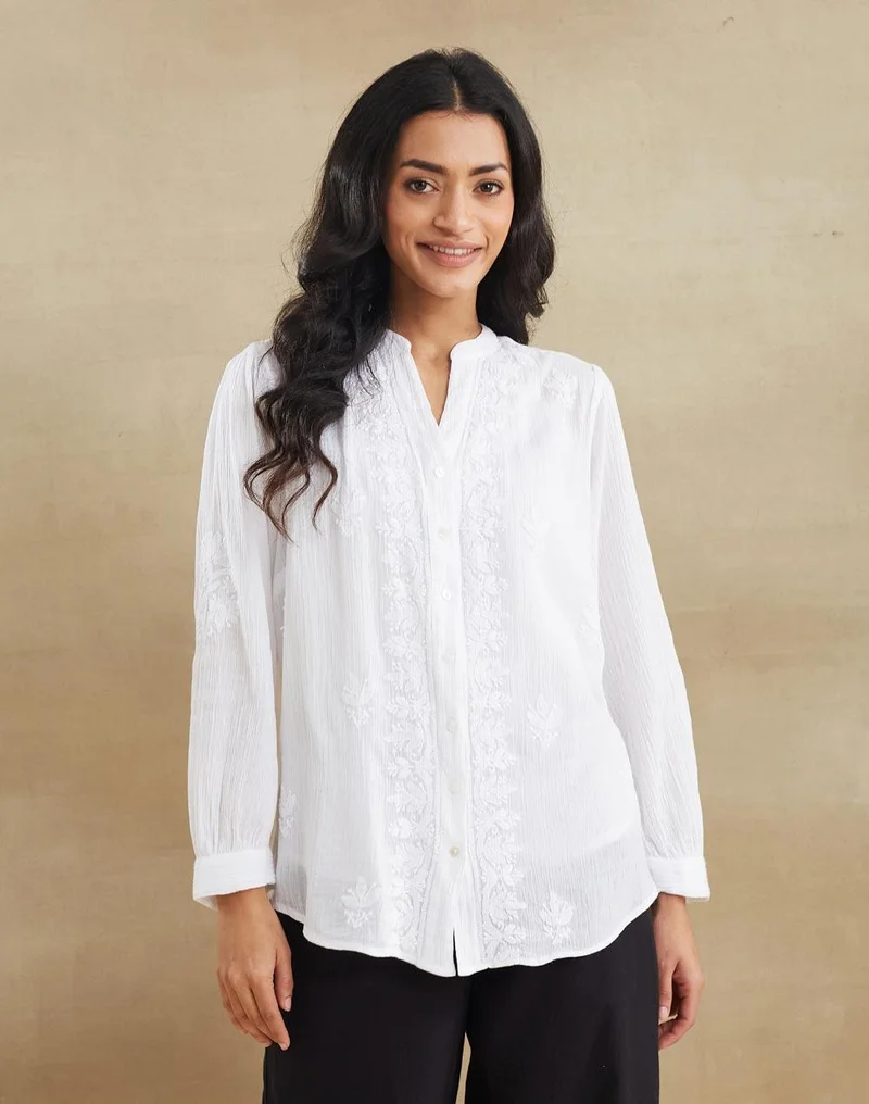 فاب انديا White Cotton Chikankari Cascadia Tunic & Lining