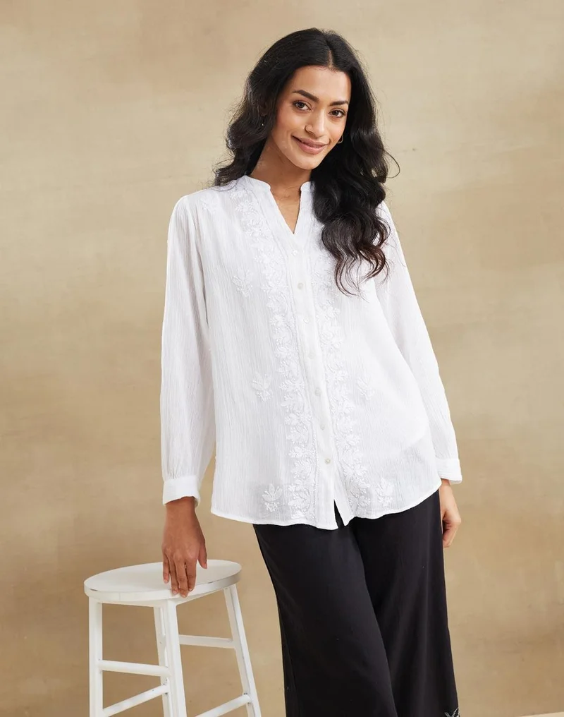 فاب انديا White Cotton Chikankari Cascadia Tunic & Lining