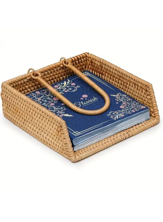 Handwoven Rattan Tissue Box Napkin Storage Basket Floral Pattern Organizer Blue Pink Accents Natural Beige Weave Kitchen Bathroom Living Room Home Decor - Image 1