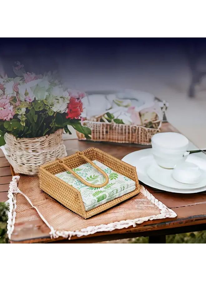 Handwoven Rattan Tissue Box Napkin Storage Basket Floral Pattern Organizer Blue Pink Accents Natural Beige Weave Kitchen Bathroom Living Room Home Decor - Image 3