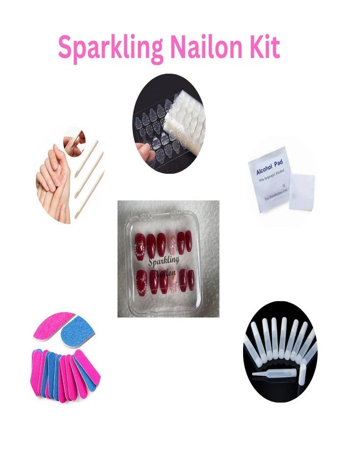 Sparkling Nailon Acrylic Red & Gold Press On Nails | 14 pcs Round Shape Designer Artificial Nail Extensions | Reusable Stick On Fake Nails for Women | Easy Apply Salon Style Manicure Kit - Image 5